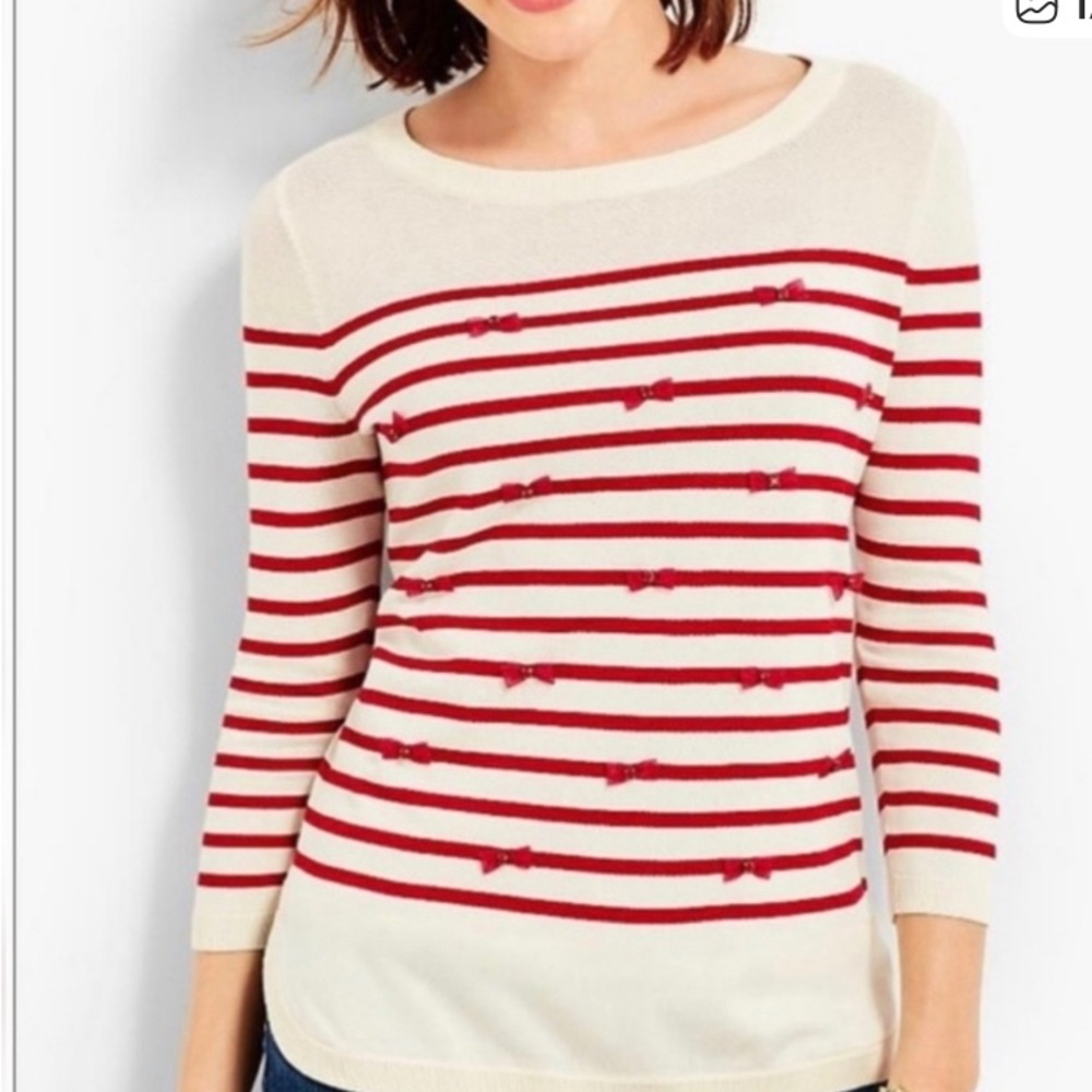 Talbots Red Striped Sweater with Bow Embellishments.  Size Medium